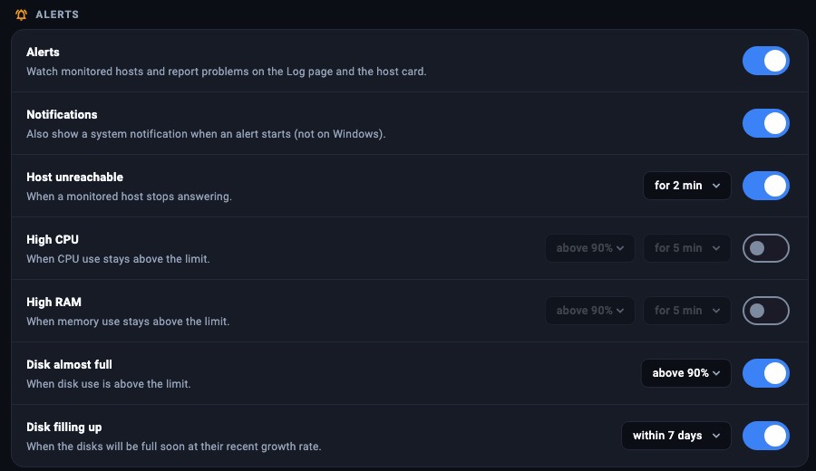 Alert rules in Settings: host unreachable for 2 minutes, disk above 90%, disk full within 7 days.