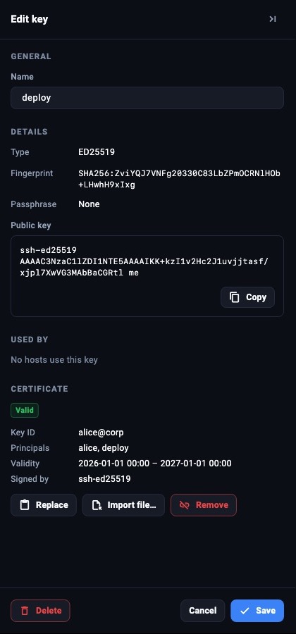 A key with an OpenSSH certificate: key ID alice@corp, principals alice and deploy, valid until 2027.